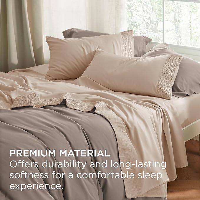 Bedsure California King Sheet Sets - 4 Pieces Soft Cal King Sheets - Breathable & Cooling - Hotel Luxury - Easy Care Polyester Microfiber Bedding for Women, Men, Beige