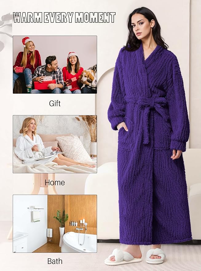 Artfasion Womens Long Fleece Robe - Warm Soft Floor Length Flannel Bathrobes for Winter Thicker Long House Coat with Pockets