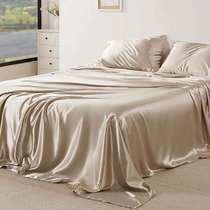 Bedsure Satin Sheets King Size - 4 Piece Silky Bedsheets with 15 Inches Deep Pocket Fitted Bedsheet,1 Flat Sheet, 2 Satin Pillowcases, Good for Hair & Skin (King, Khaki)