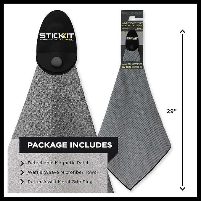 STICKIT Magnetic Towel, Gray | Top-Tier Microfiber Golf Towel with Deep Waffle Pockets | Industrial Strength Magnet for Strong Hold to Golf Carts or Clubs