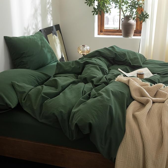 FOSSA Duvet Cover Set 100% Washed Cotton Linen Feel Super Soft Breathable Cozy 3 Pieces Bedding Sets Solid Forest Green Queen