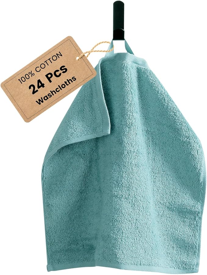 SEMAXE 100% Cotton Washcloths for Bathroom - 24 Pack, Quick-Dry Face Towels with Hanging Loop, Highly Absorbent and Soft, 13x13 Inch, Blue