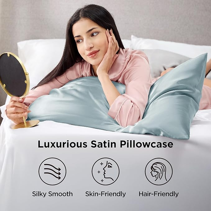 Bedsure Satin Pillowcase 2 Pack Similar to Silk Pillow Cases Standard Size, Pillow Case for Sleeping Women with Envelope Closure, Gifts for Women Men, Light Turquoise, 20x26 Inches, 2pcs