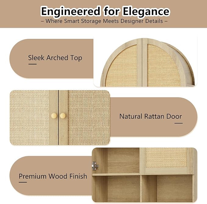 Over The Toilet Storage Cabinet, 29.7”W Modern Storage Cabinet Over Toilet with Rattan Doors, Arched Freestanding Over Toilet Rack with Adjustable Shelf for Bathroom, Nature