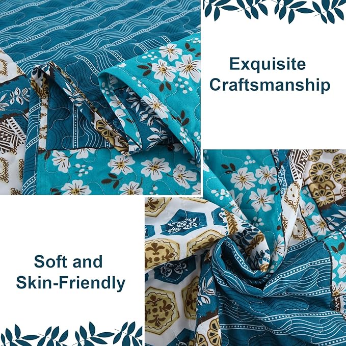 Mybedsoul Dusty Blue Quilt Set Queen Size, 3 Pieces Plaid Floral Bedspread Set Patchwork Reversible Bedding Set Microfiber Lightweight Bedspread Coverlet Set for All Season 96"x90"