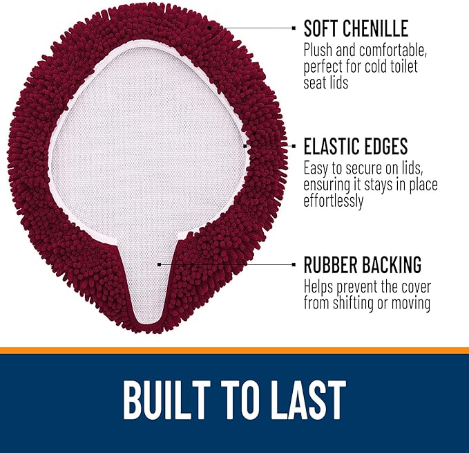 OLANLY Soft Chenille Bathroom Toilet Lid Cover, Machine Washable Seat Covers, 17.5x15, Stays in Place Rubber Backing, Fits Most Round, Elongated and Oblong Lids, Accessories Decor, Burgundy