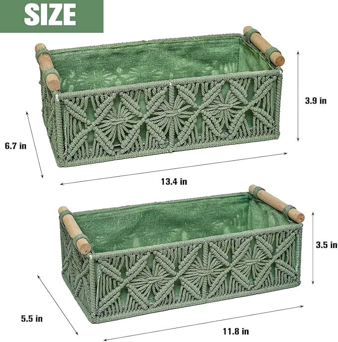 HOSROOME Macrame Boho Decor Baskets for Organizing Woven Decorative Basket for Countertop Toilet Paper Basket for Tank Top for Home Decor Bedroom Nursery Livingroom Entryway (Set of 2,Green)