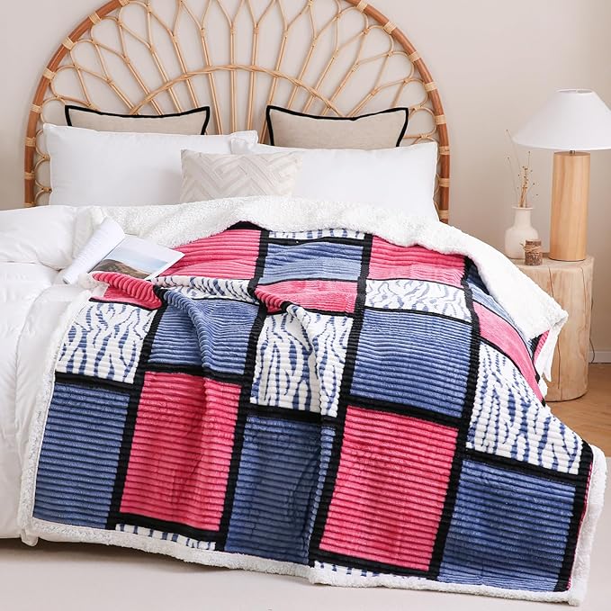 PU MEI Sherpa Blanket Fleece Throw Blanket Queen Plaid Thick Bed Blanket, Soft Warm Cozy Throw Blanket, 80”*90” Zabra-Navy Pink