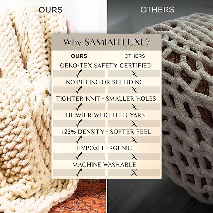 SAMIAH LUXE Chunky Knit Blanket Throw 50x60", Cream Chenille Chunky Knit Throw Blanket for Living Room Decor or Boho Decor, Thick Yarn Knitted Blankets for Couch or Bed, Cable Knitted Crochet Blankets