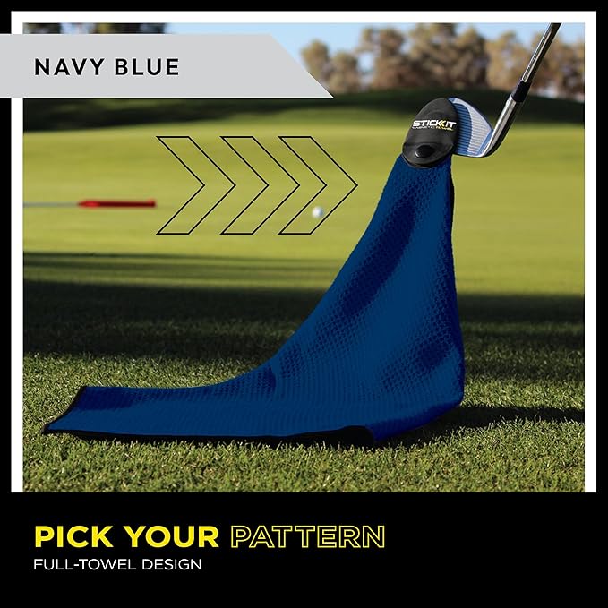 STICKIT Magnetic Golf Towel, Navy, Premium 29" Microfiber with Deep Waffle Pockets, Industrial Strength Magnet for Secure Hold to Golf Carts & Clubs, Ultra-Absorbent, Fast-Drying, Easy-Clean Design
