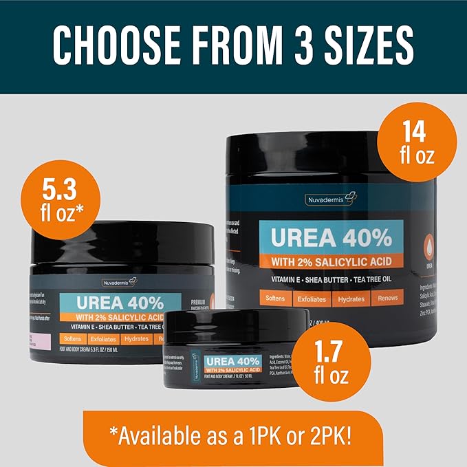 NUVADERMIS Urea Cream 40 Percent for Feet - 40% Urea Foot Repair Lotion - Maximum Strength For Dry Cracked Heels - 2% Salicylic Acid, Shea Butter, Tea Tree Oil, Vitamin E - 14 oz Jar Large