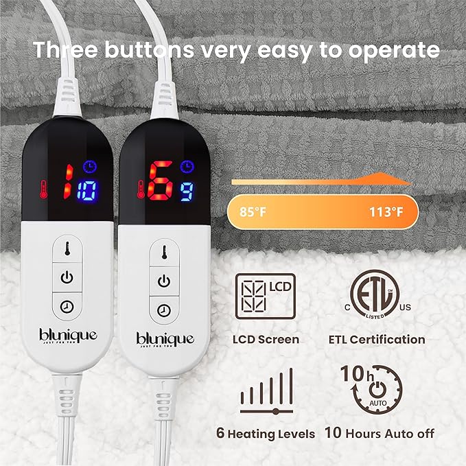 Heated Blanket Electric Blanket King Waffle,90x100 Inches Sherpa Fleece Fast Heating Blanket 6 Heating Levels & 10 Hours Auto Off ETL Certification, Grey King