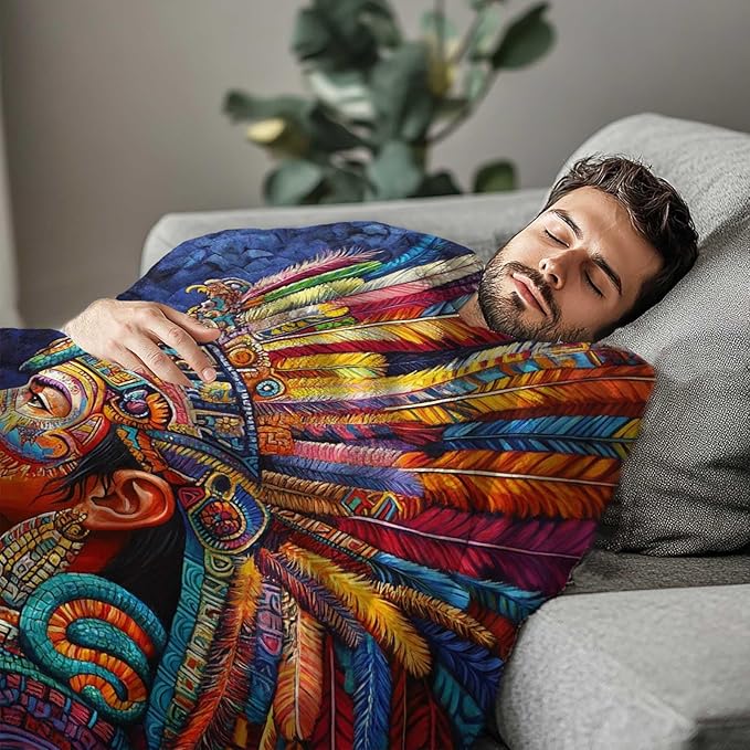 Tribal Throw Blanket with Aztec Warrior for Couch & Bed | Native Style Cozy Soft Fleece Blanket for Living Room, Bedroom & Boho Home Decor | Gift for Men & Women | 40x50 Inches