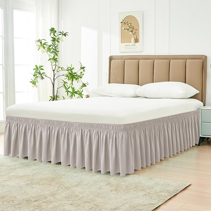 Biscaynebay Wrap Around Bed Skirts for King & Cal King Beds 16" Drop, Camel Grey Adjustable Elastic Dust Ruffles Easy Fit Wrinkle Resistant Silky Luxurious Fabric Machine Washable