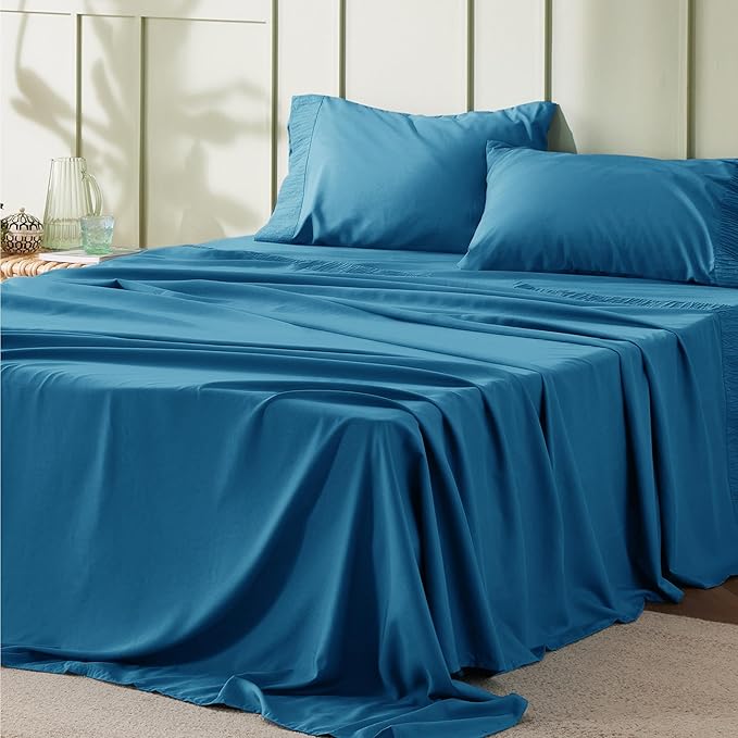 Bedsure California King Sheet Sets - 4 Pieces Soft Cal King Sheets - Breathable & Cooling - Hotel Luxury - Easy Care Polyester Microfiber Bedding for Women, Men, Teal Blue