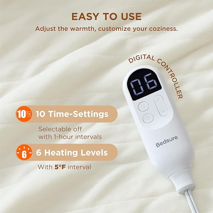 Bedsure Electric Blanket Twin - Soft Flannel Heated Blanket, Fast Heating with 10 Time Settings & 6 Heat Settings, Warm Gift for Grandma (62x84 inches, Ivory)