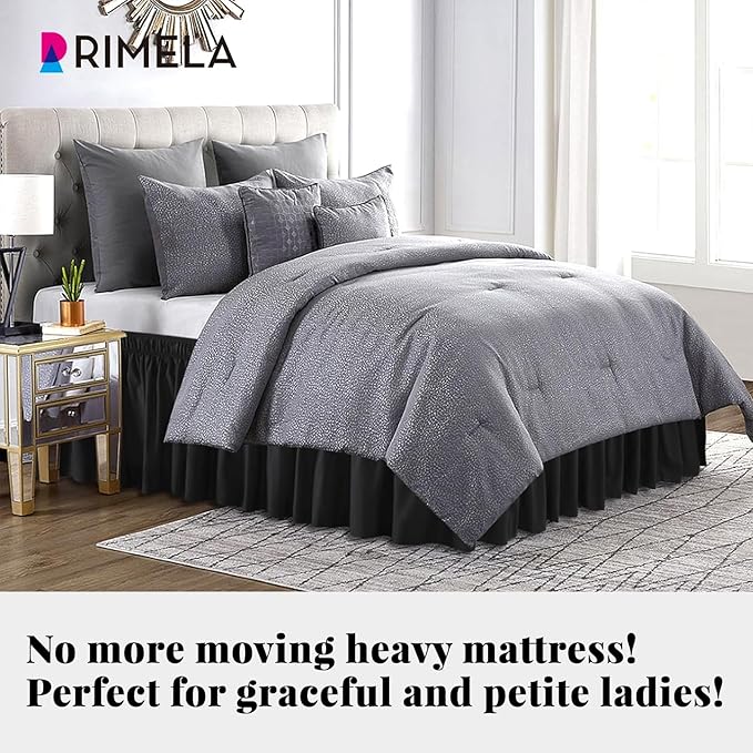 RIMELA Bed Skirting Queen Size Black Bed Skirt 25 Inch Drop, Wrap Around Elastic Adjustable Bedskirt, Dust Ruffle for Bed Frame & Box Spring Soft Durable Fabric Machine Washable Easy to Install