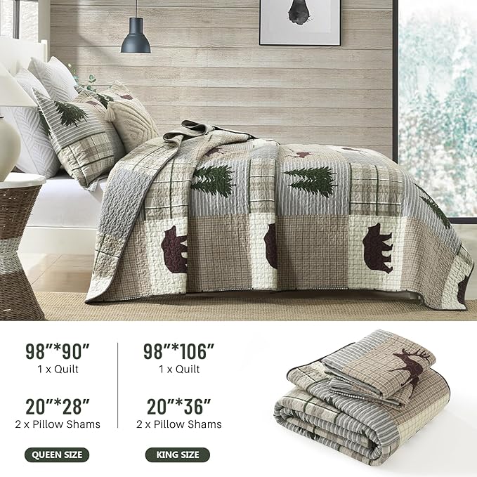 Quilt for King Bed - 100% Cotton Farmhouse Patchwork Plaid Cabin King Size Quilt Bedding Set, Brown Gray Green Animal Bear Deer Tree Lightweight Bedspread, 3-Piece for All Season (98"x106")