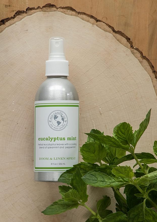 ECO CANDLE CO. Room & Linen Spray, Eucalyptus Mint, 8 oz. - Scents Of Eucalyptus, Spearmint, & Peppermint - Recycled Aluminum Bottle, No Propellents, Pump Top, All Natural Ingredients