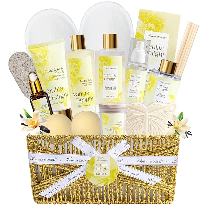 Spa Gifts for Women, 15Pcs Vanilla Rose Women Spa Gift Baskets w/Body Mist, Diffuser, Bath Bomb. Relaxing Bath Sets, Mothers Day Gifts for Mom, Unique Birthday Gift Basket