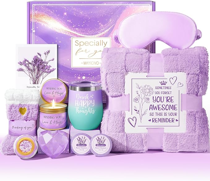 Christmas Birthday Gifts for Women, Self Care Get Well Soon Gift Baskets for Women, Lavender Relaxing Spa Gift Care Package w/ Blanket, Unique Gifts Idea for Mom Her Wife Girlfriend Best Friend Sister