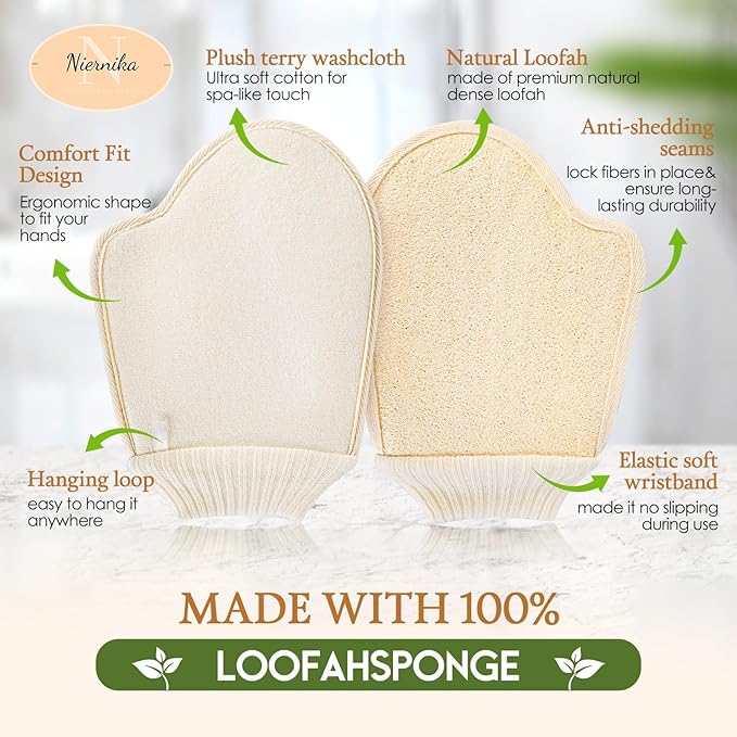 Natural Loofah Exfoliating Mitts, 100% Plant-Based Loofah Sponge for Women and Men,Dye-Free,for face and Body-2 Count