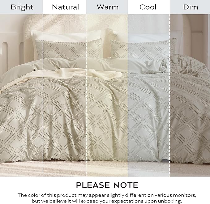 JELLYMONI Duvet Cover Queen Size Light Khaki - 3PCS Boho Duvet Cover Set Plaid Polyester Tufted Bohemian Jacquard Knit Textured Comforter Cover 90×90in Rhombic Geometric Pattern Zipper Corner Tie