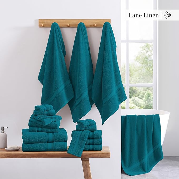 LANE LINEN 18Pc 100% Cotton Bath Towels – 6 Bath, 6 Hand Towel & 6 Washcloths, Zero Twist, Absorbent Softness for Daily Use, Perfect for Airbnb, Spa & Hotel, Machine Washable – Sea Port