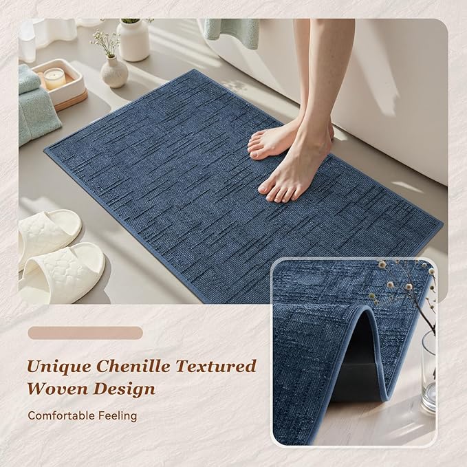 AMOAMI Bath Mat Non Slip Super Absorbent Quick Dry Bath Mats for Bathroom Floor Rubber Backing Washable Bathroom Rugs Modern Woven Jacquard Mat, Beside Tub Bath Rugs, 2' x 5', Blue
