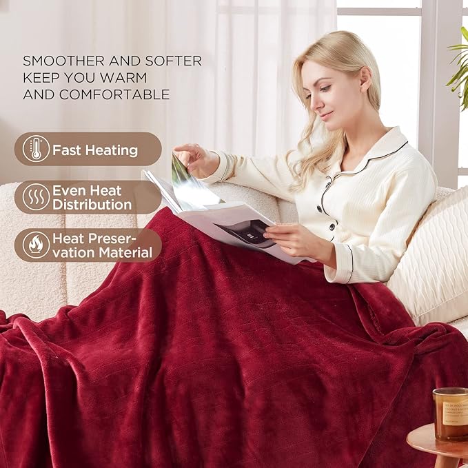 Westinghouse Heated Blanket Throw, Electric Throw with 6 Heating Levels, 2-10 Hours Time Settings, Overheat Protection, Machine Washable, Flannel (Throw, 50x60 Inches, Wine Red)