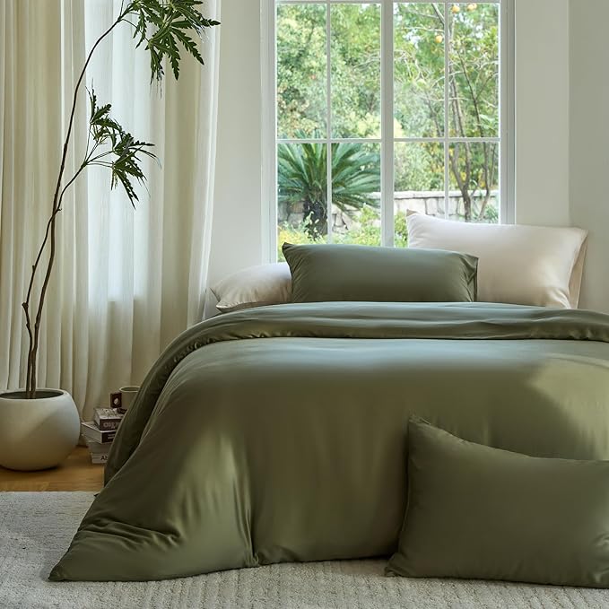 DOZ Duvet Cover Set, 100% Viscose derived from Bamboo, Organically Grown, Buttery Soft, Cooling Duvet Covers, High GSM, 1 Duvet Cover and 1 Pillowcase, 70"x90" (Olive, Twin/Twin XL)