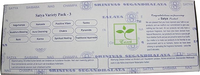 Satya Incense Sticks - Nag Champa, Namaste, Positive Vibes, Tantra, Buddha Blessing, Aura Cleansing, Chakra, Pyramids, Reiki, Karma, Spiritual, Traditional Ayurveda, Pack of 12 Assorted Fragrances