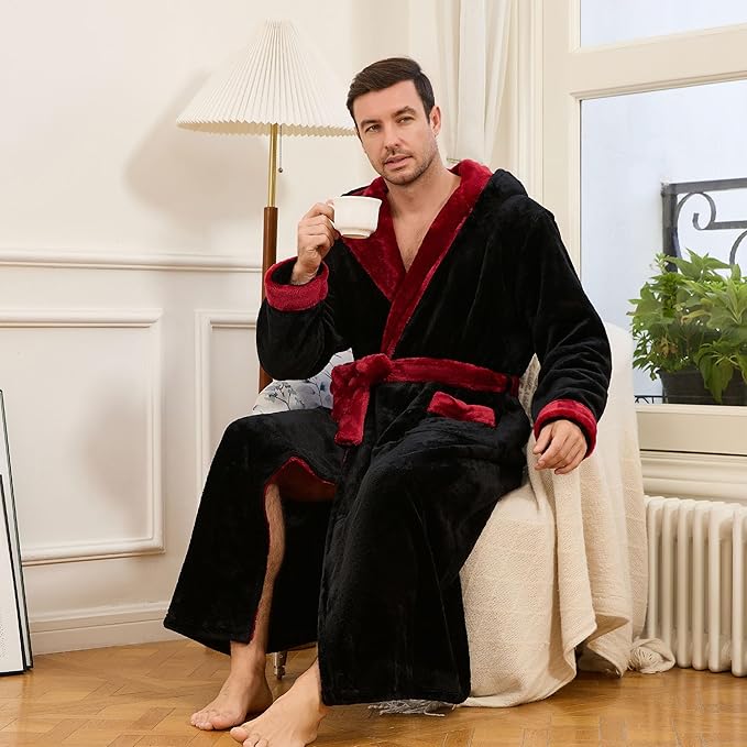 U2SKIIN Mens Robe with Hooded, Full Length Thickened Plush Robe Big and Tall Bathrobe