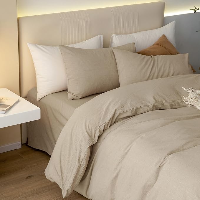 JIYUAN 100% Washed Cotton Duvet Cover Set 3 Pieces Cal King, 1 Duvet Cover 104x98 Inches(Comforter Not Included) and 2 Pillowcases,Linen Feel Bedding Set Comfy and Breathable, Heathered Tan