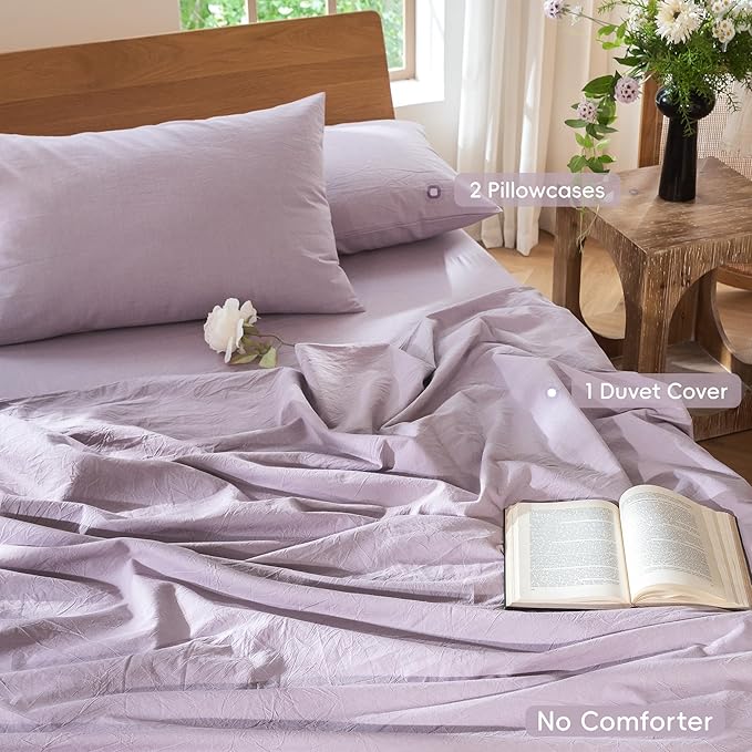 MooMee Bedding Duvet Cover Set 100% Washed Cotton Linen Like Textured Breathable Durable Soft Comfy (Heathered Light Purple, Cal King 104"x98")
