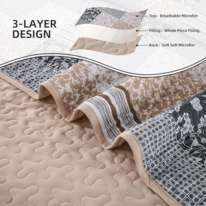 Mybedsoul Patchwork Quilt Set King Size, 3 Pieces Blue Brown Floral Plaid Bedspread Coverlet Set, Reversible Soft Microfiber Bedding Set for All Season, Fall Winter King 90"x104"