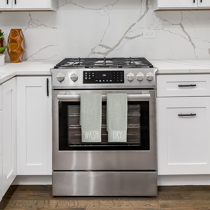 Rae Dunn Hand Towels, Embroidered Decorative Hand Towel for Kitchen and Bathroom, 100% Cotton, Sage- Wash/Dry, 16"x 26"