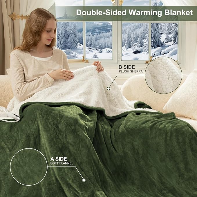 Electric Blanket Full Size Fast Heating- 72 x 84 Inch Heated Blanket Full with 6 Heat Settings, 10 Hours Timer Settings, Overheat Protection, Washable Heating Blanket for Bed Couch, Green