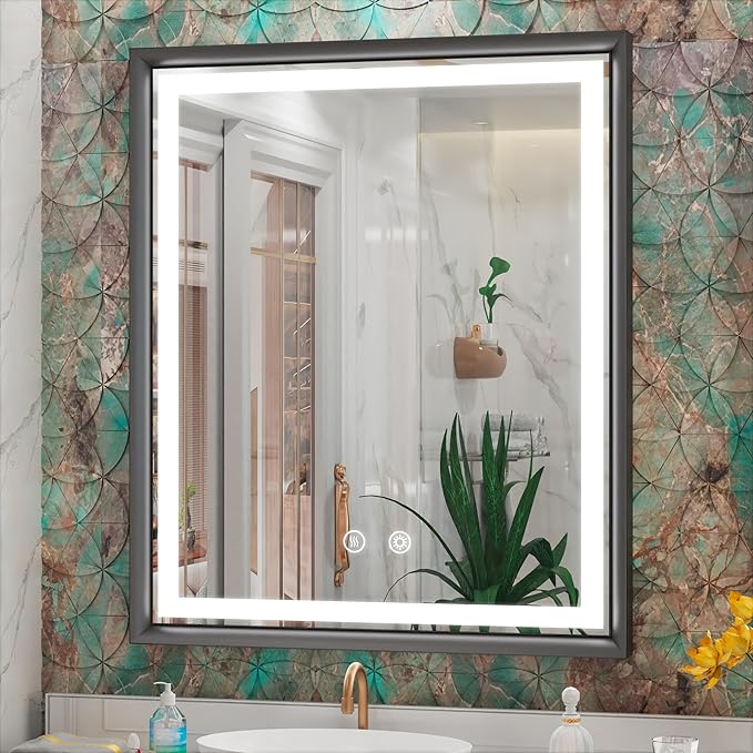 30x36 Inch LED Mirror for Bathroom, 3 Color Temperatures (3000K/4500K/6000K), Anti-Fog, Dimmable Lights, Memory Function, Matte Black Aluminum Frame