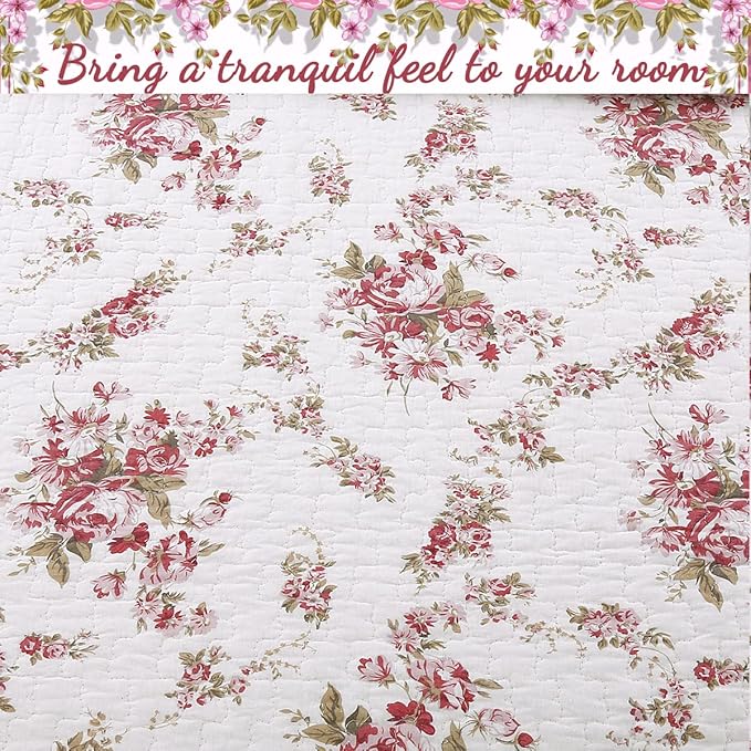 Cozy Line Home Fashions 100% Cotton Quilt Bedding Set, Pink Floral Reversible Coverlet Bedspread (Vintage Rose, Twin - 2 Piece)