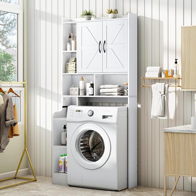 Over The Toilet Storage Cabinet with Barn Doors, Rustic Bathroom Organizer, Space-Saving Shelf for Laundry, White