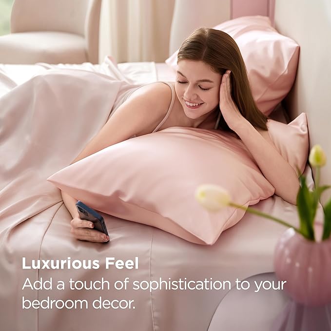 Bedsure Satin Pillowcases, Similar to Silk Pillow Cases Queen Size Set of 2, Pillow Case for Sleeping Women with Envelope Closure, Gifts for Women Men, Peach Pink, 20x30 Inches, 2pcs