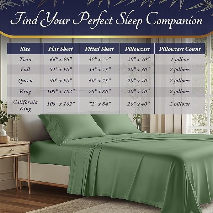 DECOLURE 100% Viscose Derived from Bamboo Sheets Cal King Size 4pcs - Ultra Soft & Luxuriously Cooling, 17" Deep Pocket,Double Stitching,Perfect for Hot Sleepers - King Bed Sheets (Sage Green)