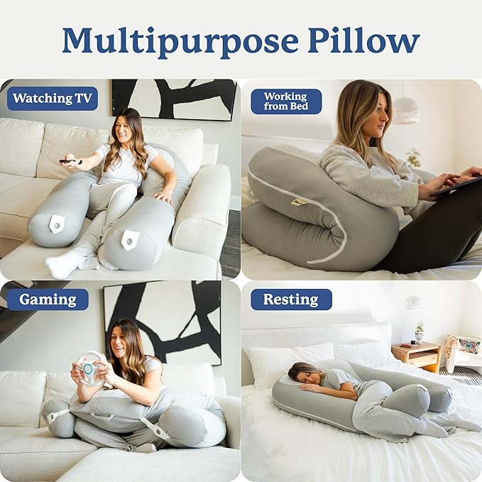 Plufl Hugl Cooling Body Pillow for Adults Made with Memory Foam | U Shaped Maternity Pillows Great for Side Sleepers & Pregnant Women | Washable Cover | Grey