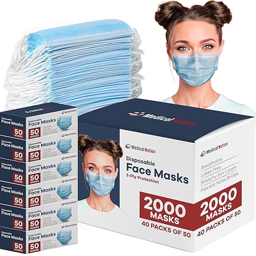 2000 Pcs Blue Disposable Face Masks | Bulk 3 Ply Facemask Pack - Soft Breathable Latex Free Non-Woven Dust Mask with Flexible Nose Bridge & Stretchy Ear Loops (40 Packs x 50)