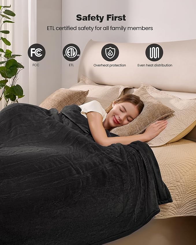 Electric Blanket King- Heated Blanket Super Soft, Dual Control & 9 Heat Settings Heating, 10 Hours Auto Off, Soft Flannel to Sherpa, Fast Heating Electric Throw, Machine Washable, 90" x 100''- Black