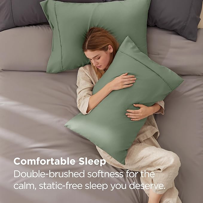 Bedsure King Size Pillow Cases Set of 2 - Sage Green Brushed Microfiber Pillowcases 2 Pack, Super Soft Pillow Case Cover with Envelope Closure, Wrinkle, Fade and Stain Resistant, 20x36 Inches