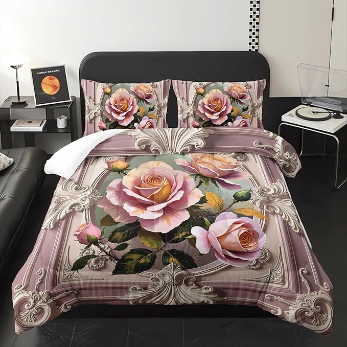 Pink and White Flower Full Size Comforter Set，Flower Bed Bedding for Kids Full Size