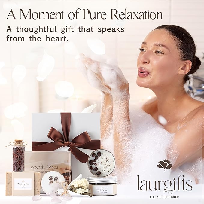 Coffee Spa Box for Women – Small Relaxing Self Care Basket with Coffee Scented Candle, Bath Bomb, Soap & Salt Scrub – Thoughtful Birthday, Thank You, Housewarming or Christmas Gift for Her