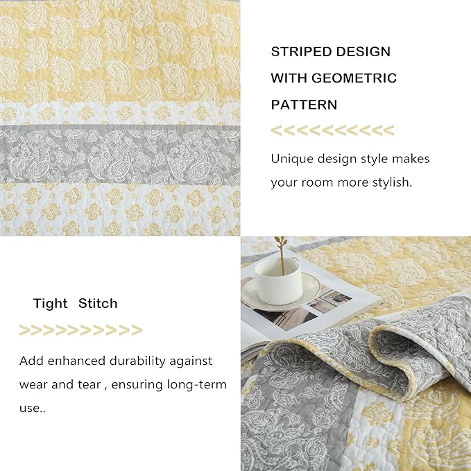 Quilt King Size, Cotton King Size Comforter Set, Yellow Grey White Bedding, Farmhouse Striped Bed Set, Lightweight Bedspread All Seasons 3 Piece